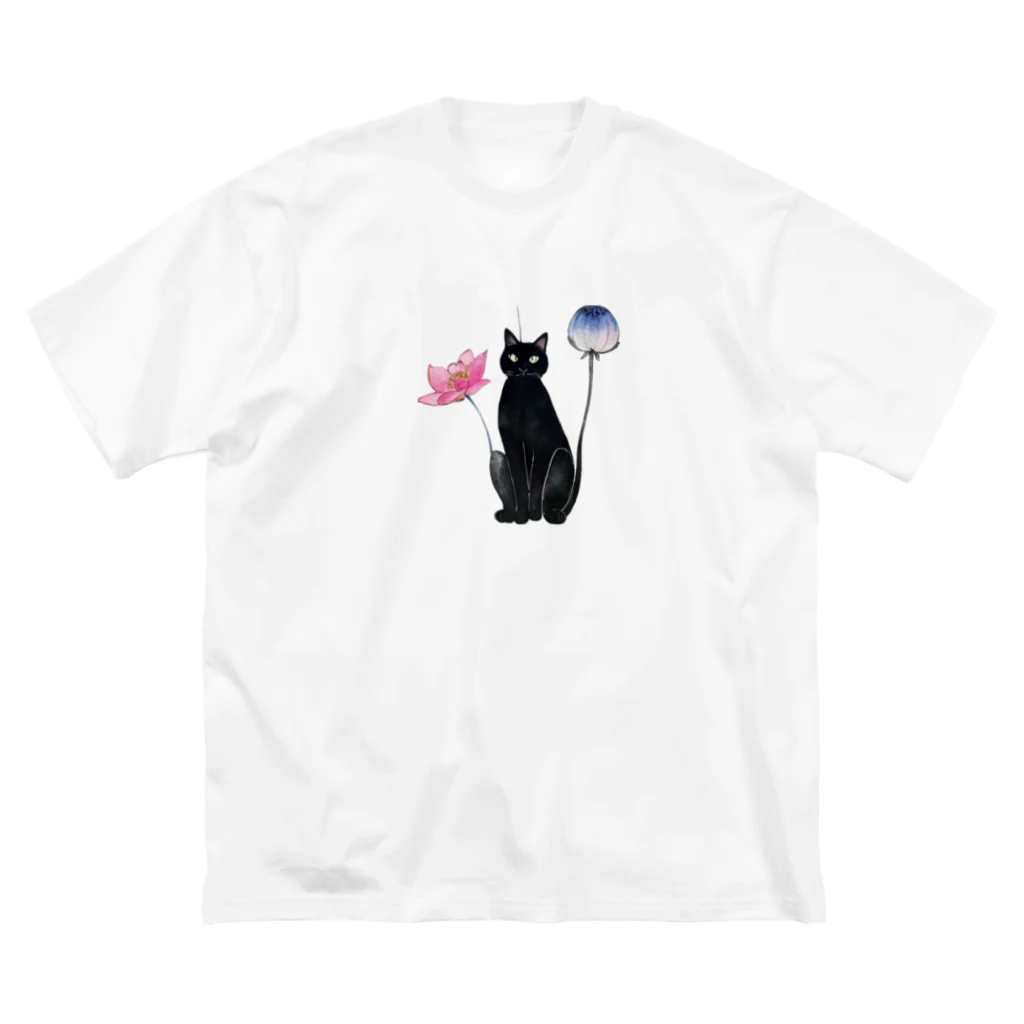 幸運のしっぽの黒猫と花 Big T-Shirt