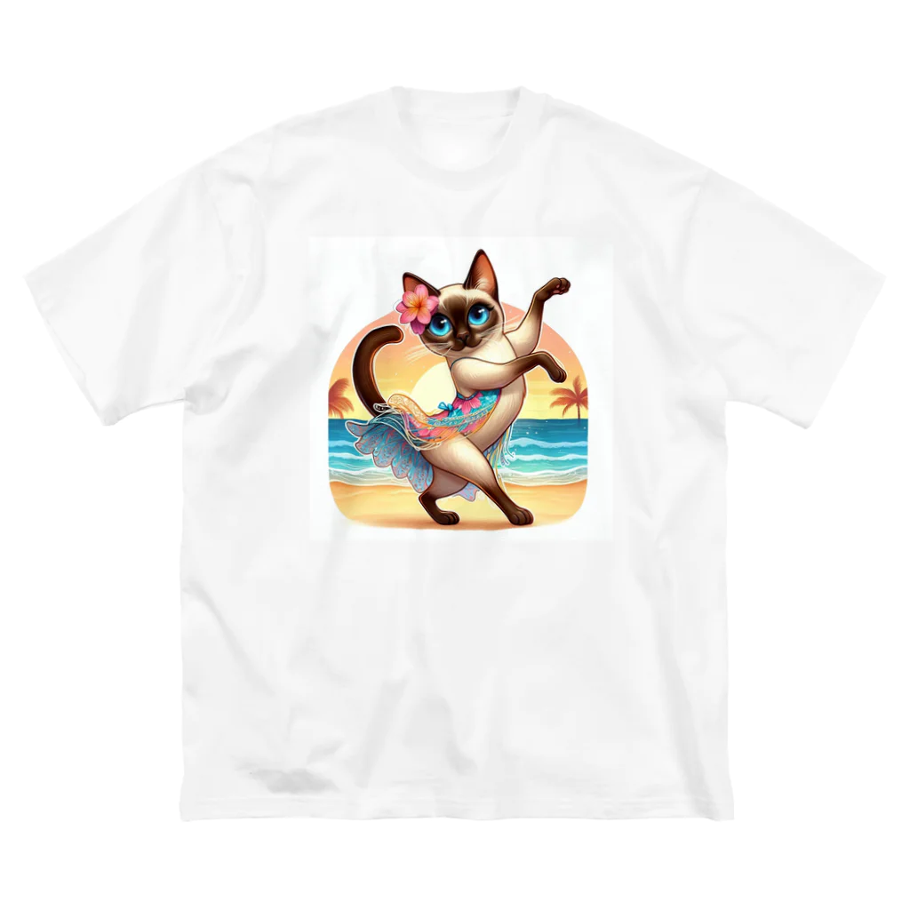 猫と紡ぐ物語のリズム感抜群！長身な白シャムネコがビーチでランバダダンス！  Big T-Shirt