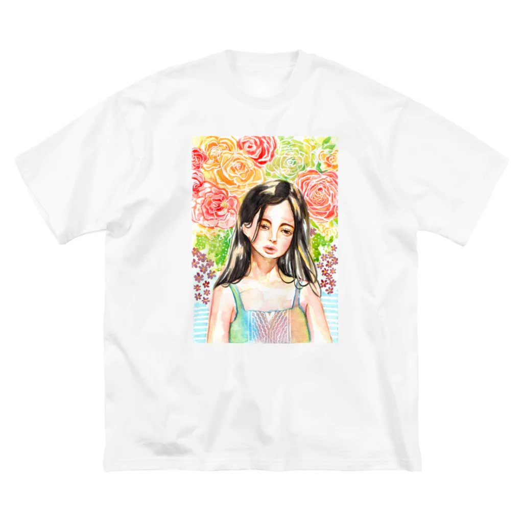 🌼*ﾟがーべらめらん*ﾟ🌼の黒髪少女と花 ビッグシルエットTシャツ