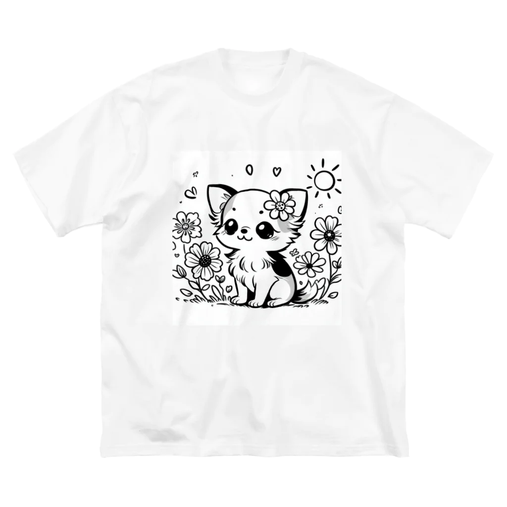 くつろぎ堂☆ネコにゃん☆イヌわんの**お花の子犬のチワワ**モノクロ Big T-Shirt