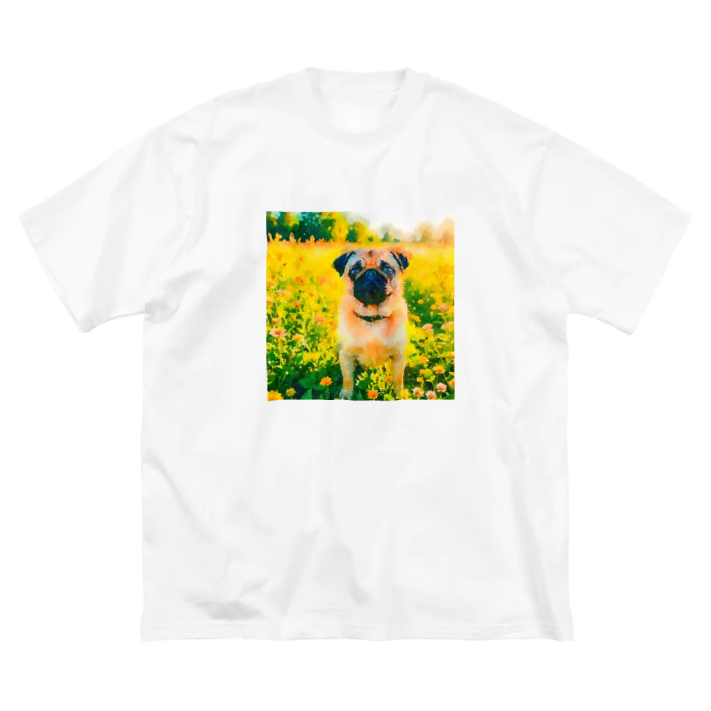 犬好きのしましまの水彩画の犬 花畑のパグのイラスト ビッグシルエットTシャツ