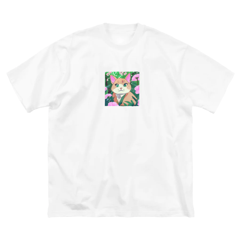 キュート＆クールのアニメ調・花畑の猫 ビッグシルエットTシャツ