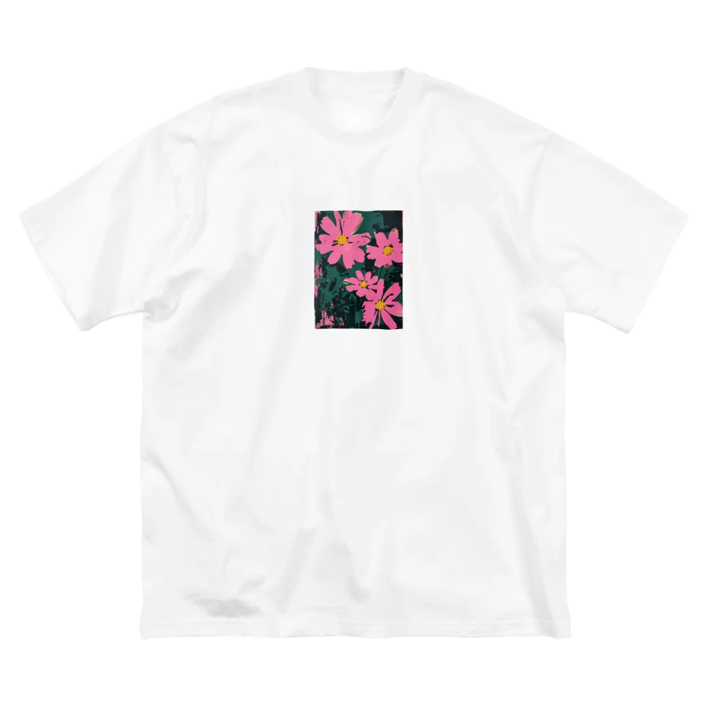 Q_kyuのPINK FLOWERS with Dark Background ビッグシルエットTシャツ