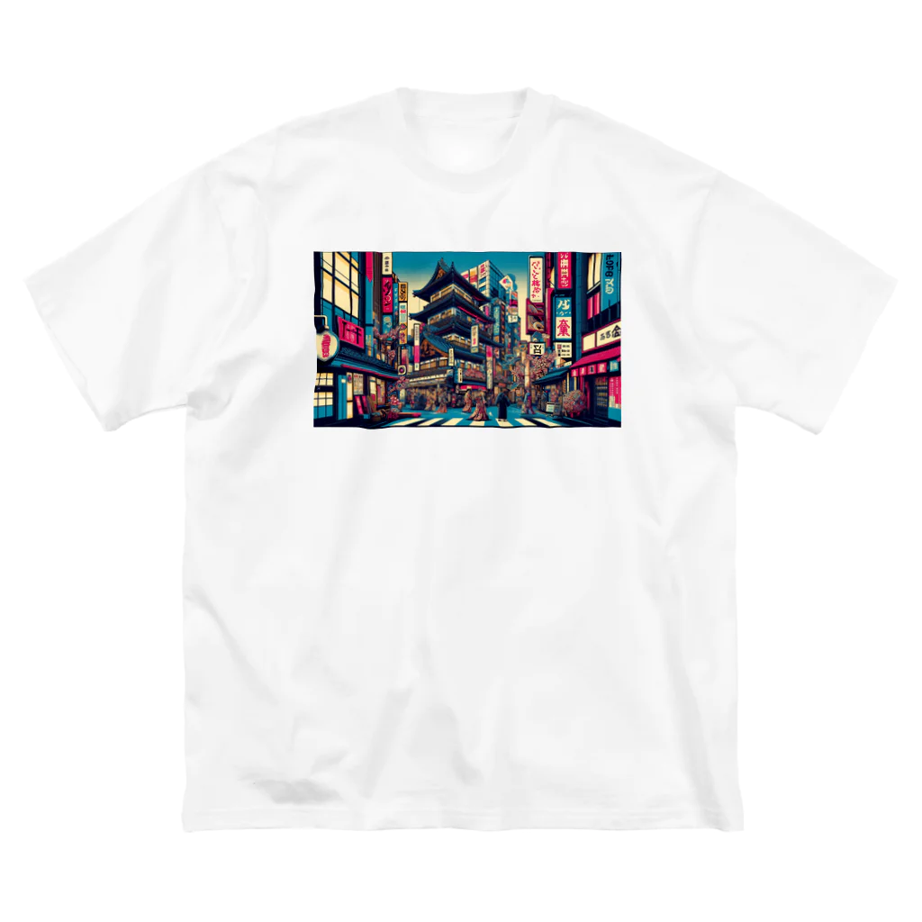 テクノ浮世絵のネオンと伝統の調和-歌舞伎町の夜 ビッグシルエットTシャツ