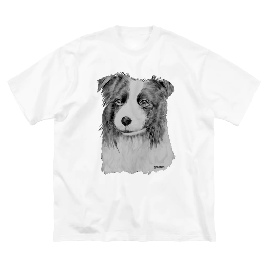 greetenのボーダーコリー　アート犬モノクロ ビッグシルエットTシャツ