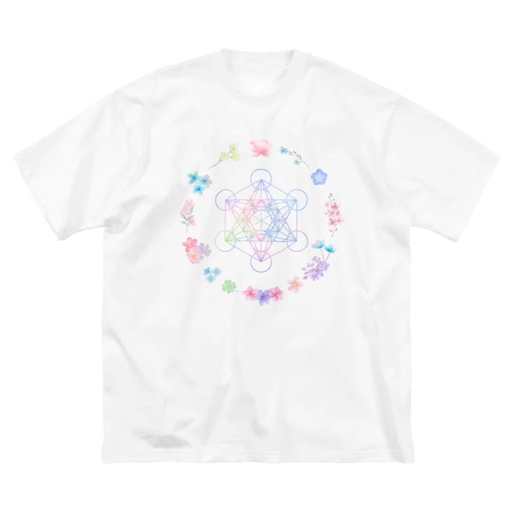 Metatron’s Cube Cosmosの虹色のメタトロンキューブと花のリース Big T-Shirt