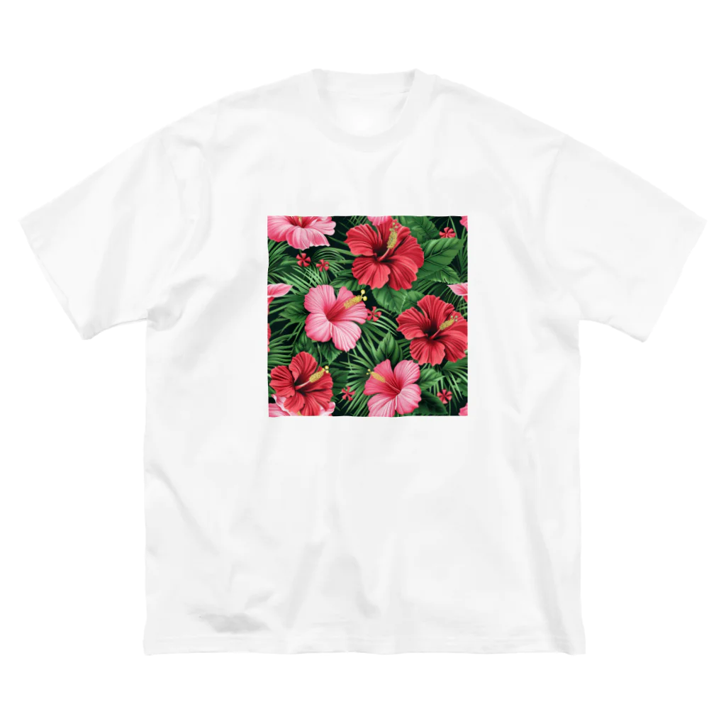 オンラインショップイエローリーフの赤色の花ハイビスカス ビッグシルエットTシャツ