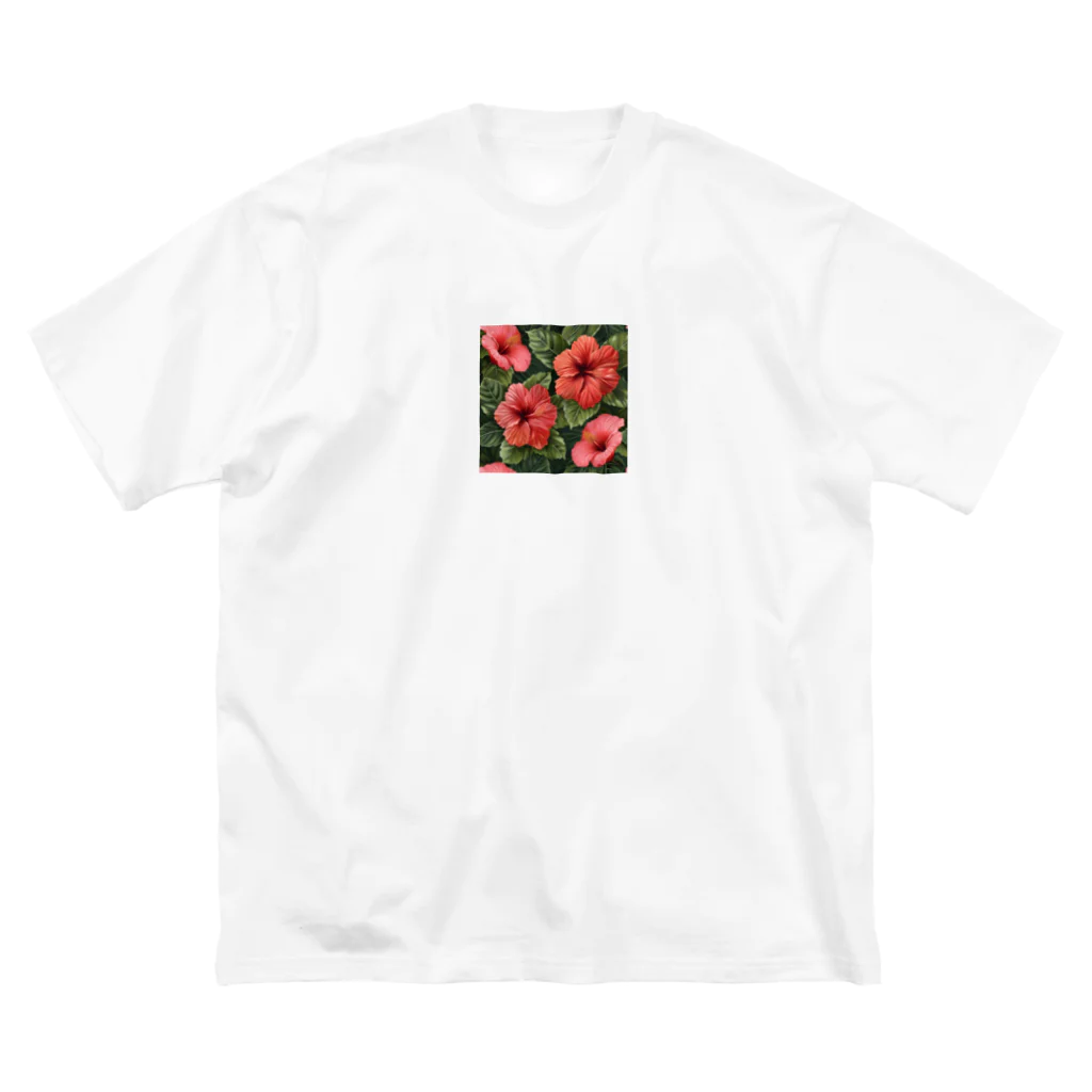 オンラインショップイエローリーフの赤い花ハイビスカス鮮やか      ビッグシルエットTシャツ