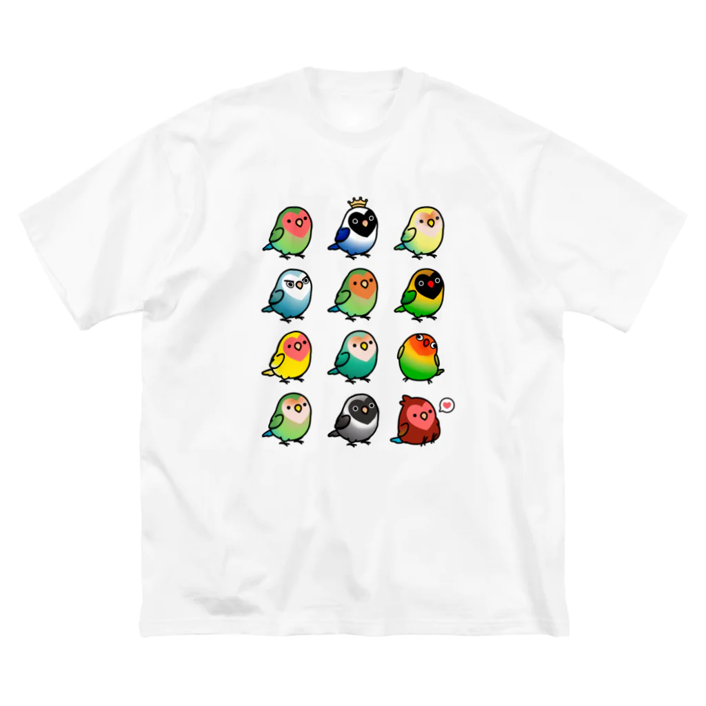 Cody the Lovebirdの両面　Chubby Bird ラブバード大集合　コザクラインコ　＆　ボタンインコ ビッグシルエットTシャツ