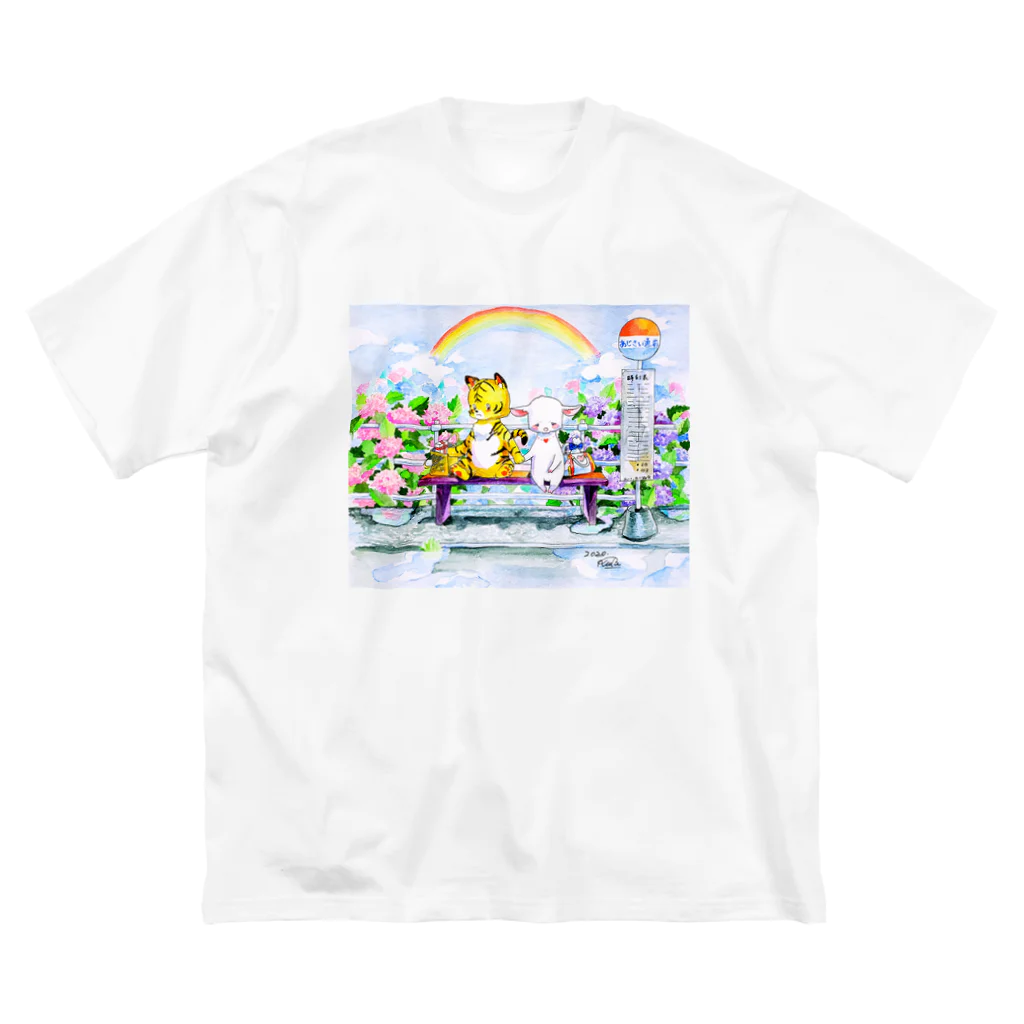 水彩イラストグッズのあじさいのバス停 ビッグシルエットTシャツ
