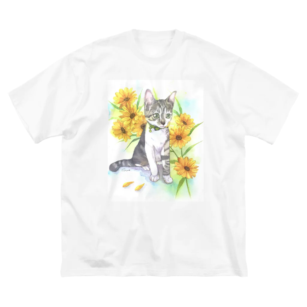 Miaws Shopの子猫とヒマワリ ビッグシルエットTシャツ