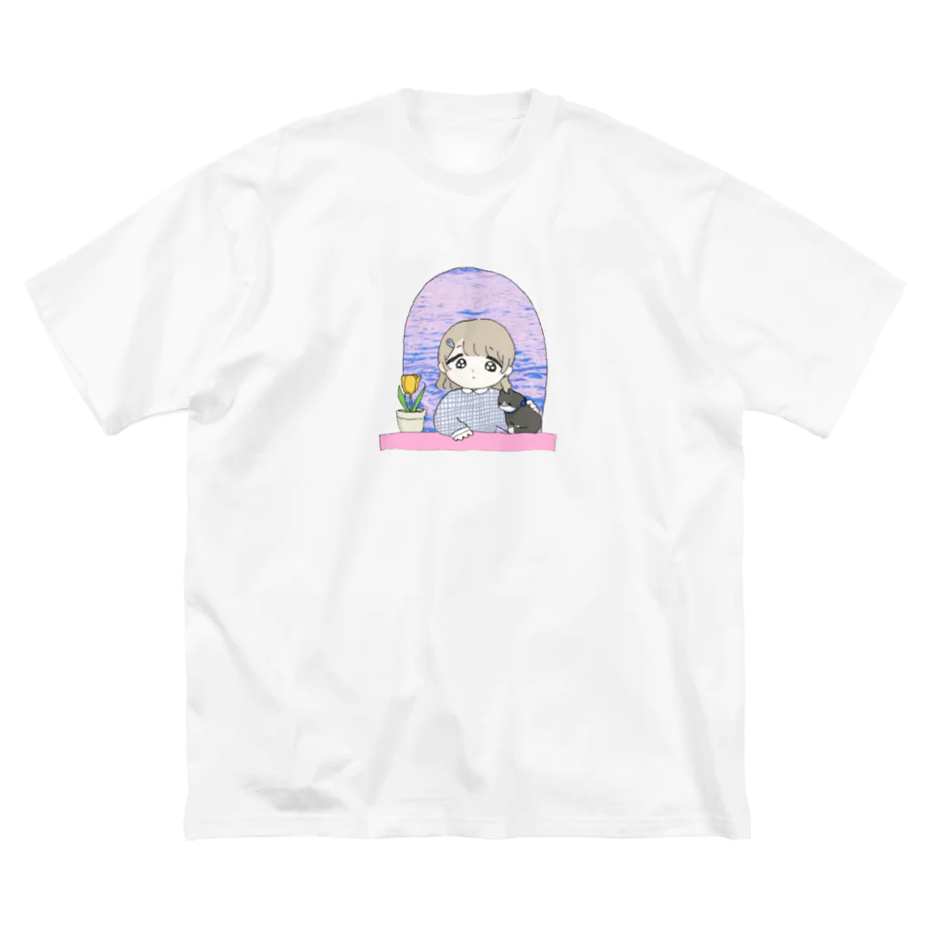 本調子の102号室(春) 女の子とねことチューリップ ビッグシルエットTシャツ