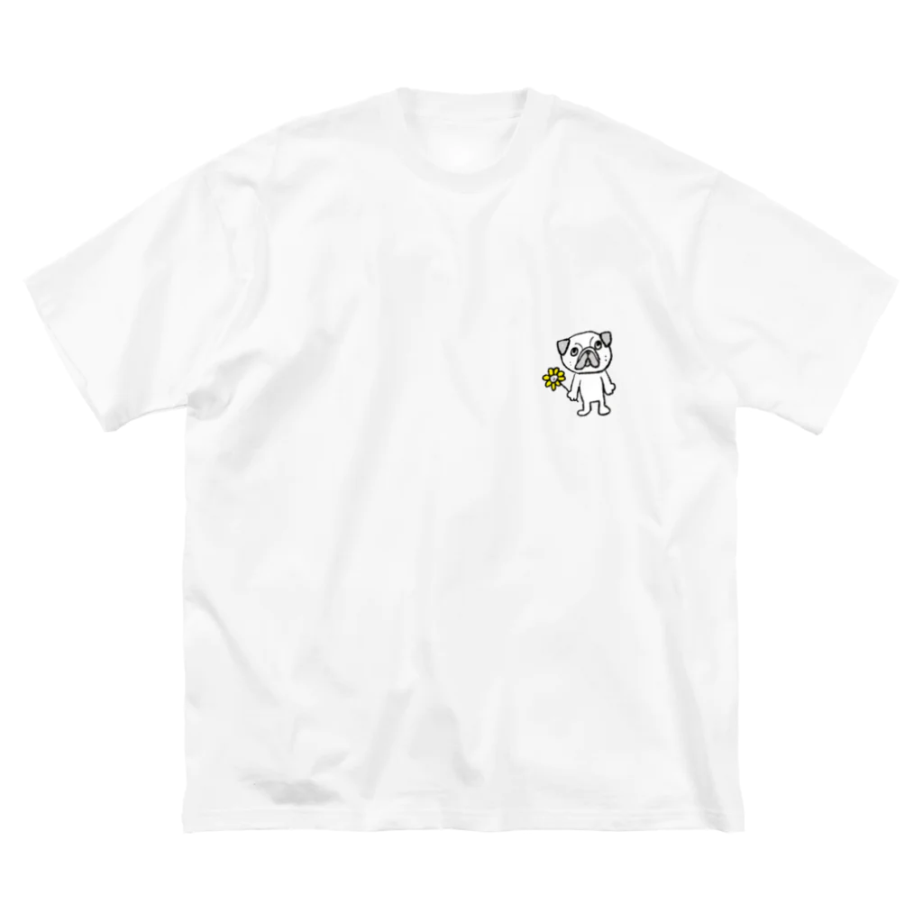 nobuyan_shopの花とパグ　ワンポイント ビッグシルエットTシャツ