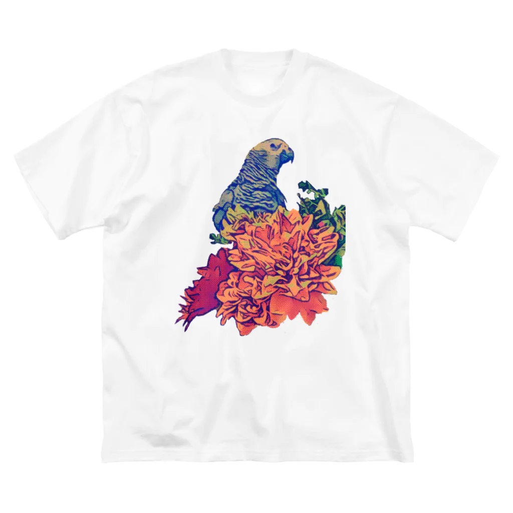 愉快なインコ達のヨウムと花 ビッグシルエットTシャツ