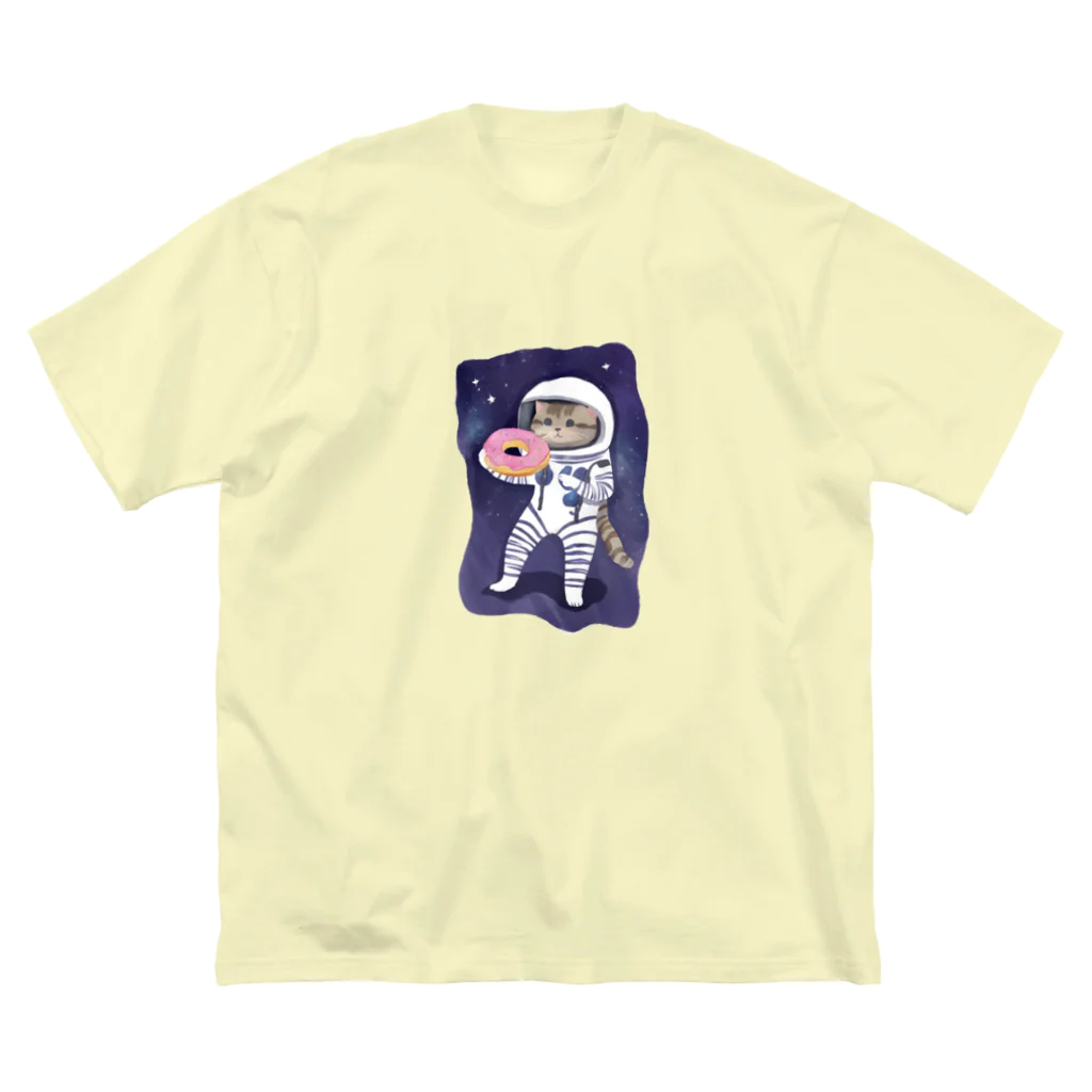 ドーナツ大好きにゃんこの宇宙でドーナツを食べる猫 ビッグシルエットTシャツ