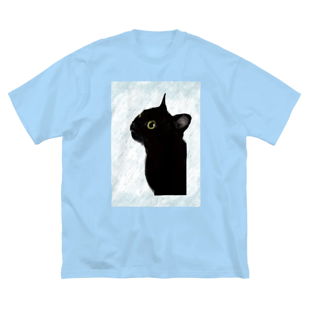 WAMI ARTの雨を見る黒猫 ビッグシルエットTシャツ