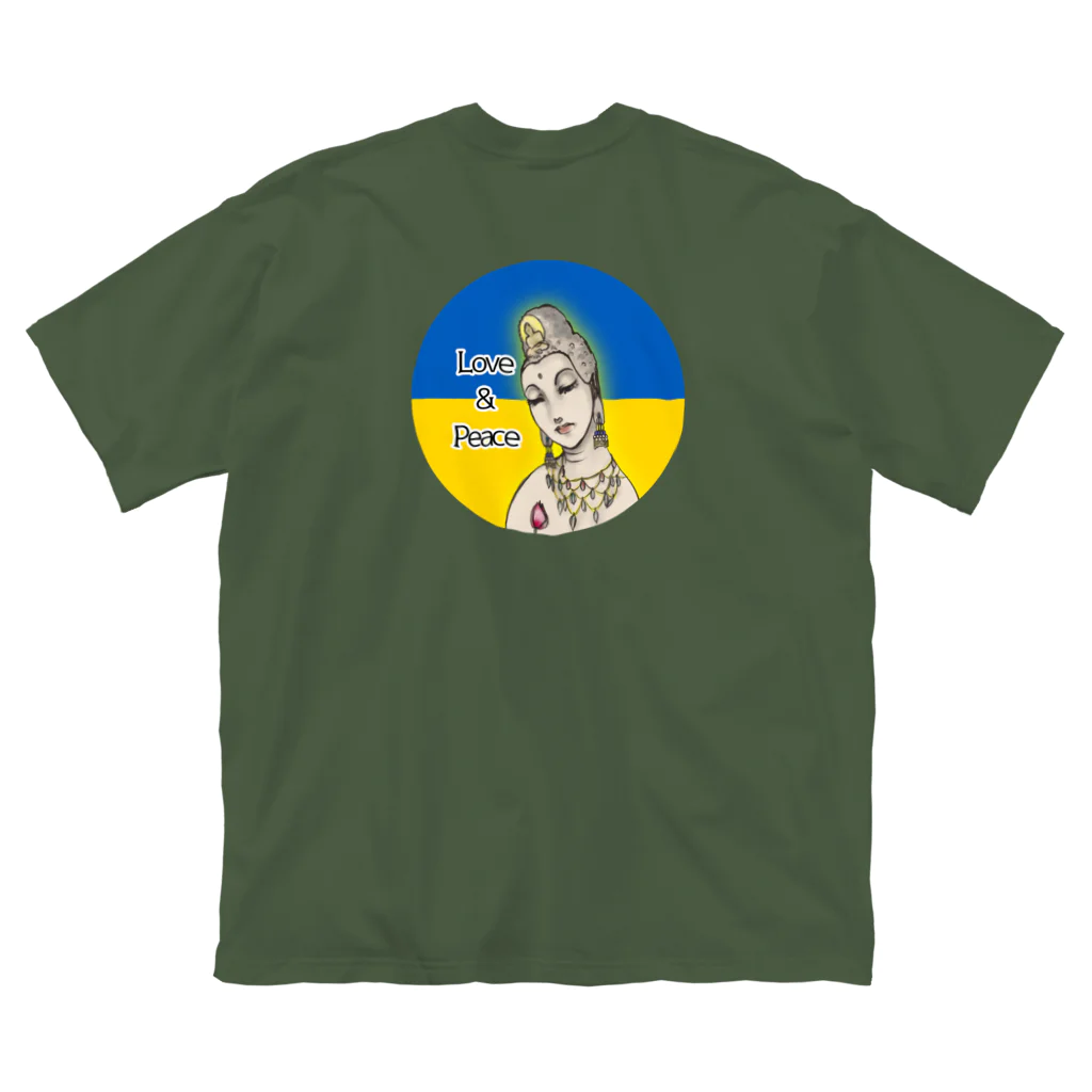 諭苑のSUZURI店のLove＆Peace観世音菩薩ウクライナ国旗背景 ビッグシルエットTシャツ