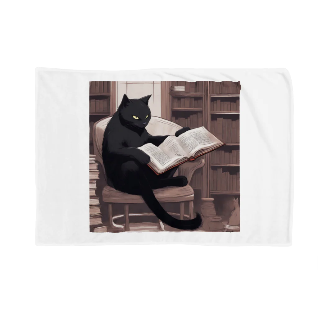 mugcupの本を読む黒猫 ブランケット