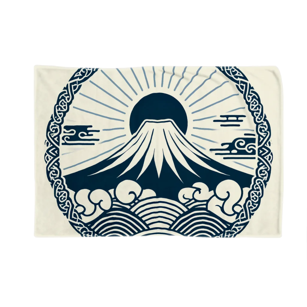 Cool Japanese CultureのMinimalist Traditional Japanese Motif Featuring Mount Fuji and Seigaiha Patterns ブランケット