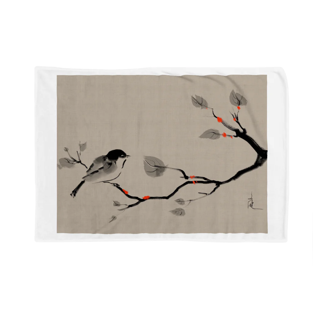 Art Experience Studio - Japanの鳥 水墨画 Bird Ink Painting Blanket