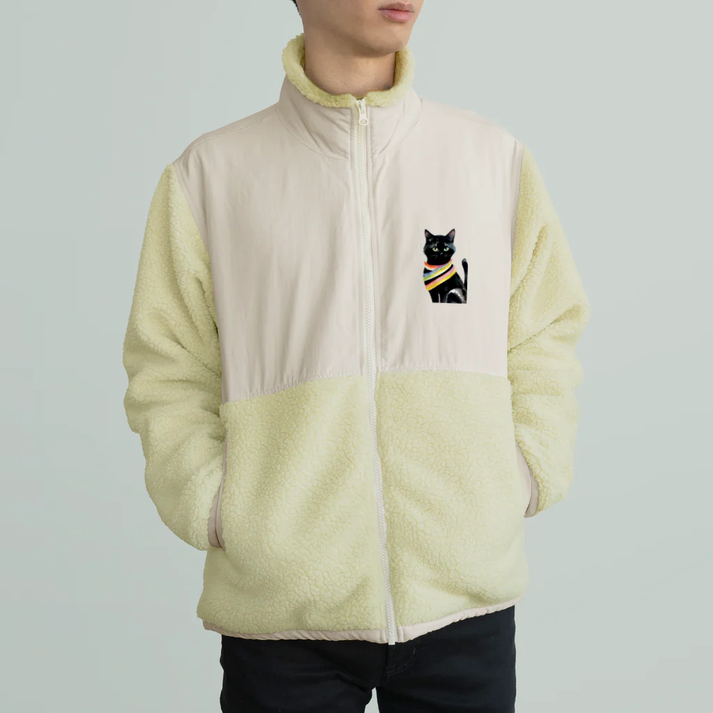 幸運のしっぽの黒猫と虹の首輪 Boa Fleece Jacket