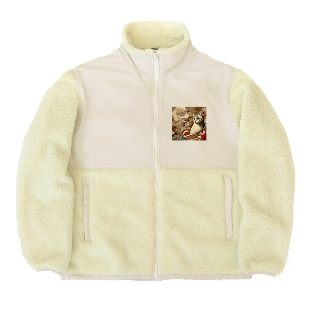 EMAKIの和紋様 x 猫　好奇心旺盛な猫と日本の歴史 Boa Fleece Jacket