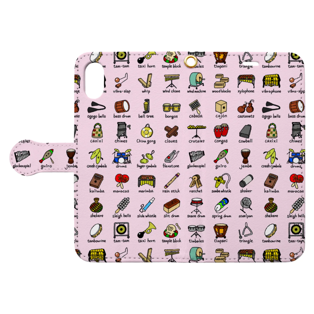  ふじねこ屋の打楽器柄（ピンク） Book-Style Smartphone Case:Opened (outside)