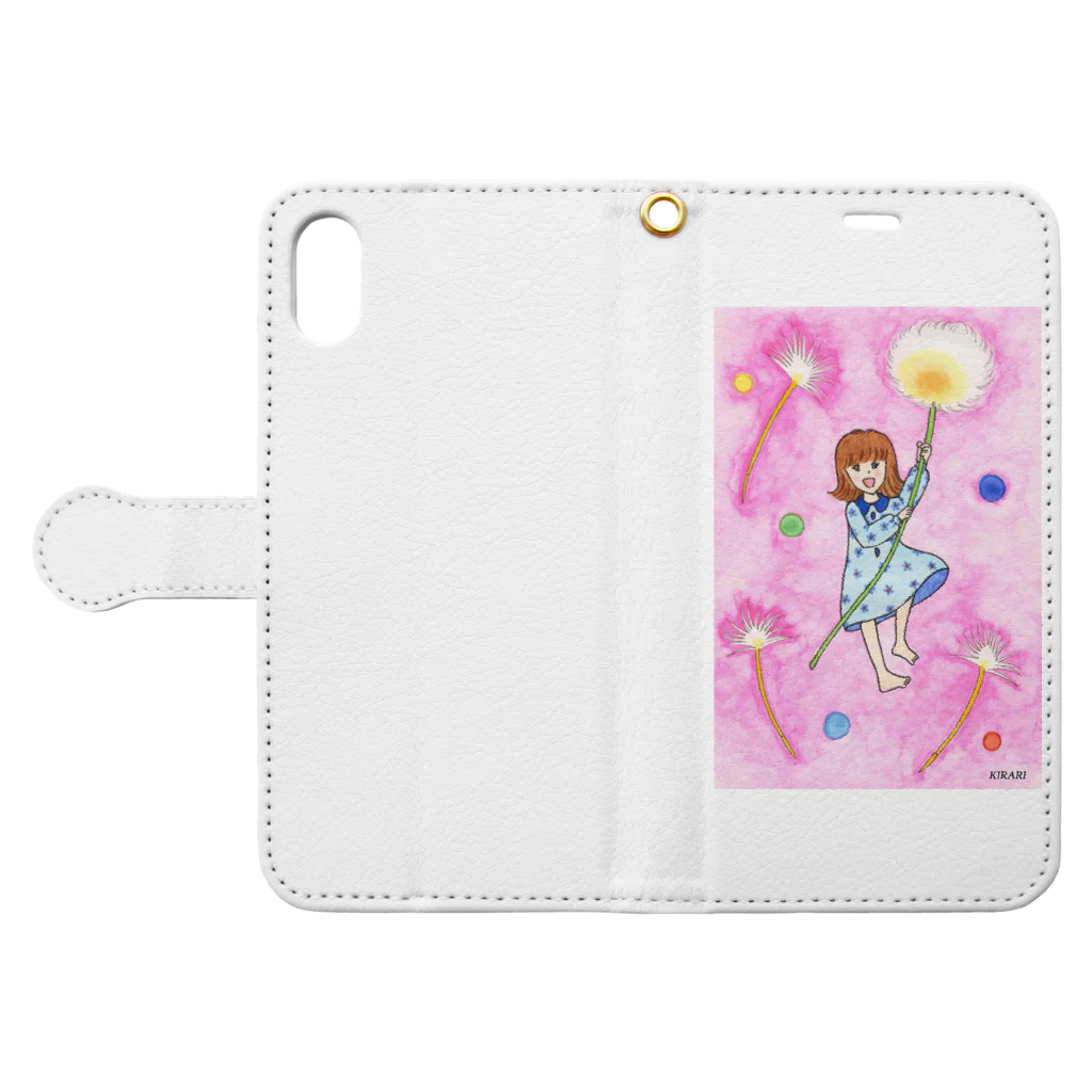 KIRARIの夢色雑貨屋さんの「タンポポに乗って」 Book-Style Smartphone Case:Opened (outside)