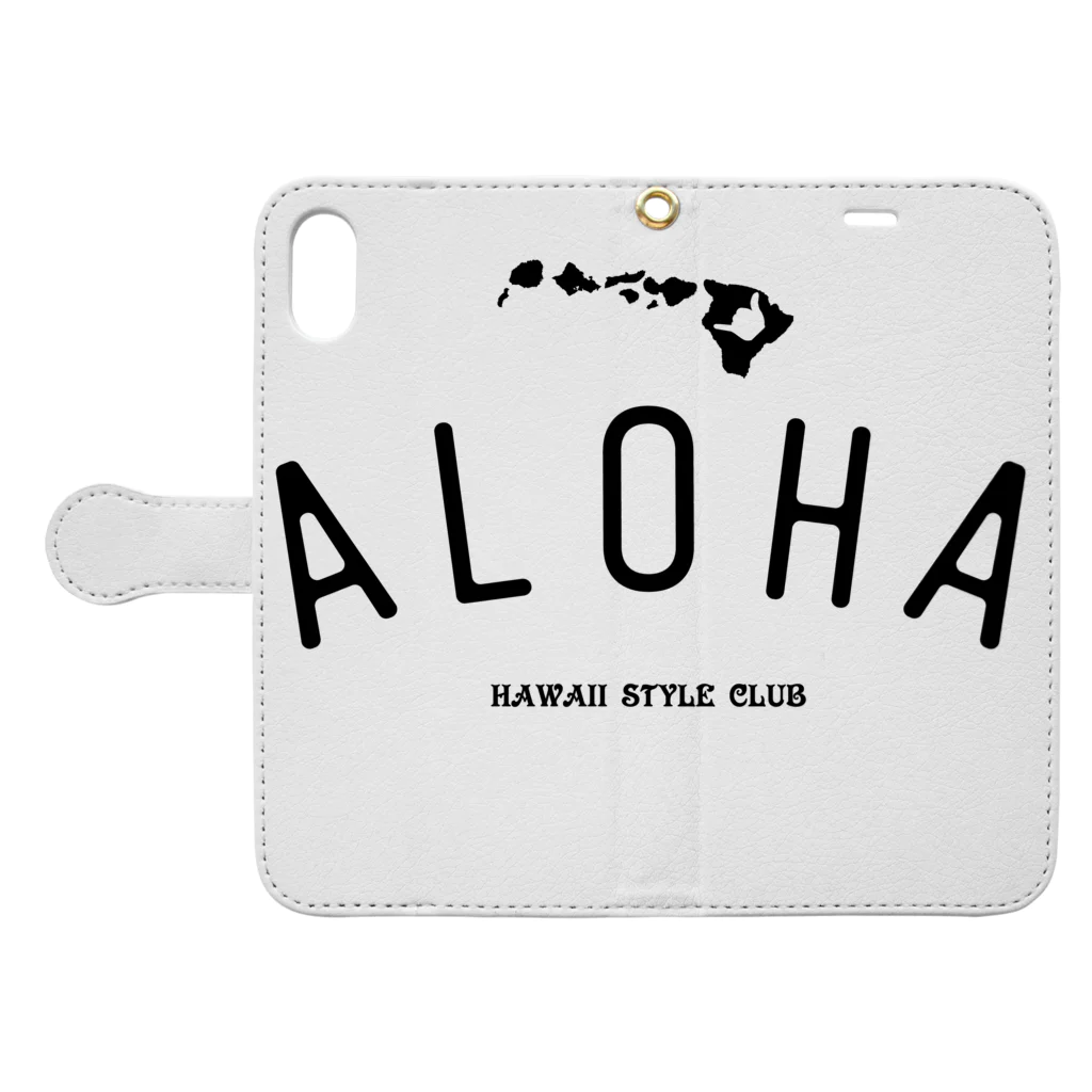 ハワイスタイルクラブのALOHA ISLANDS  BLK LOGO 手帳型スマホケースを開いた場合(外側)