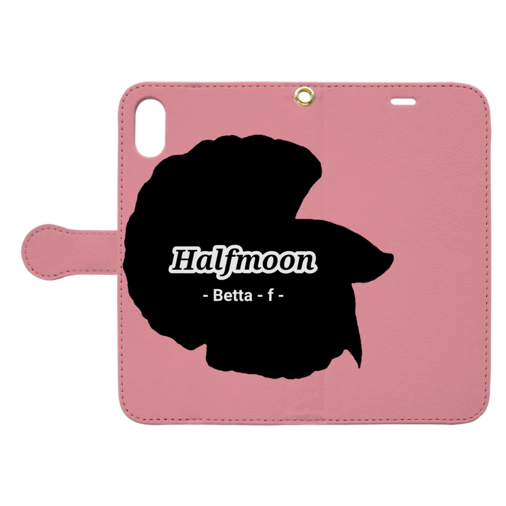 ☆ららくらら☆のHalfmoon Betta①Black(Rosepink) 手帳型スマホケースを開いた場合(外側)