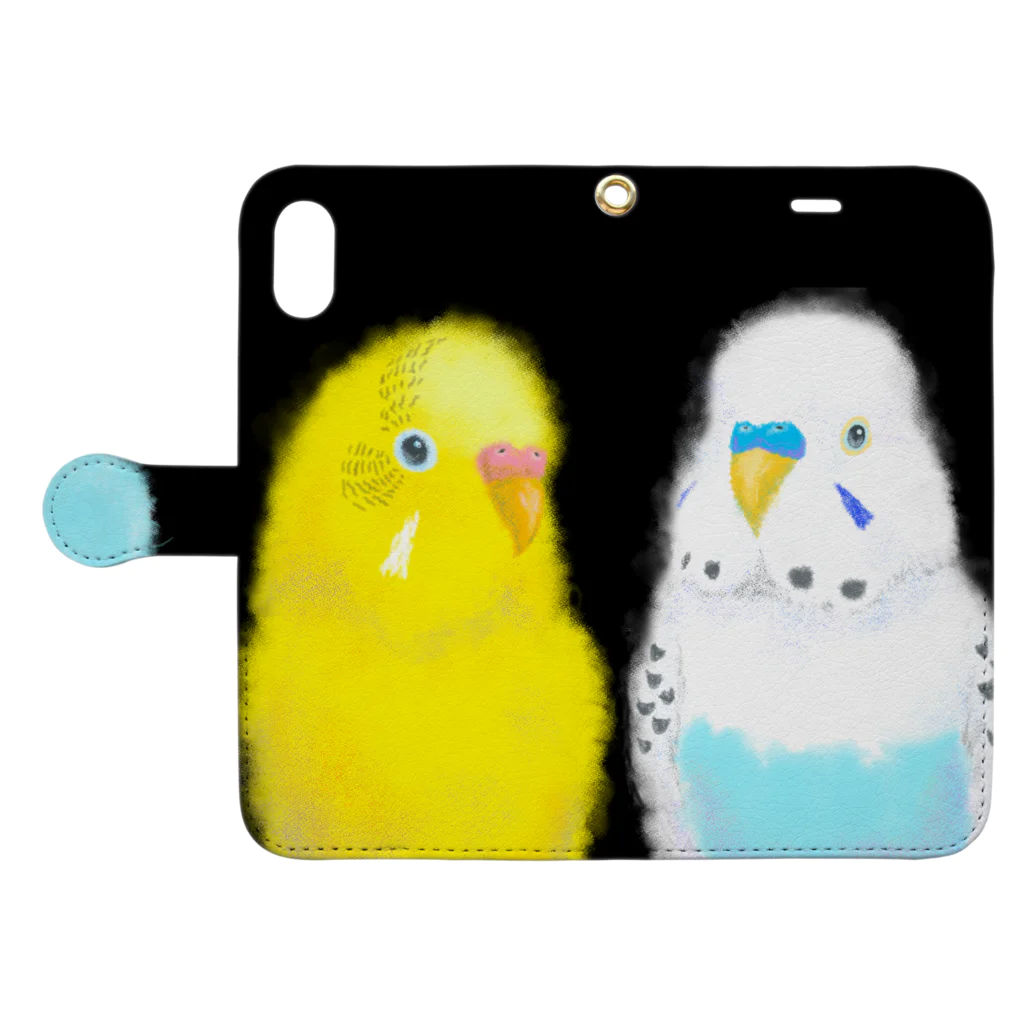 やさしいさかなのインコ&インコ 手帳型スマホケースを開いた場合(外側)