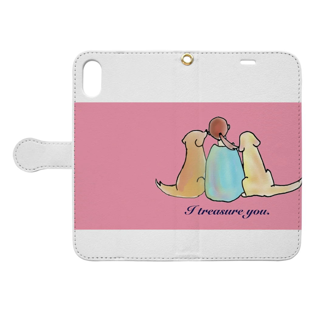 peuplierププリエの仲良しゴールデンレトリバー✿︎I treasure you ✿︎ピンク✿︎ Book-Style Smartphone Case:Opened (outside)