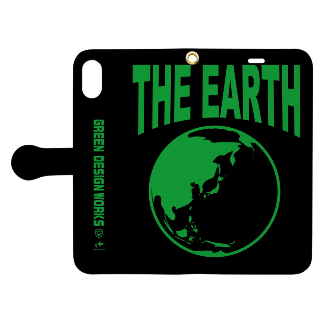 GREEN DESIGN WORKS　グリーンデザインワークスのTHE EARTH　手帳型iPhoneケース（黒） Book-Style Smartphone Case:Opened (outside)