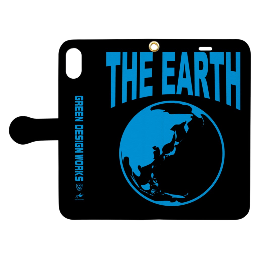 GREEN DESIGN WORKS　グリーンデザインワークスのTHE EARTH　手帳型iPhoneケース（黒-ブルー） Book-Style Smartphone Case:Opened (outside)