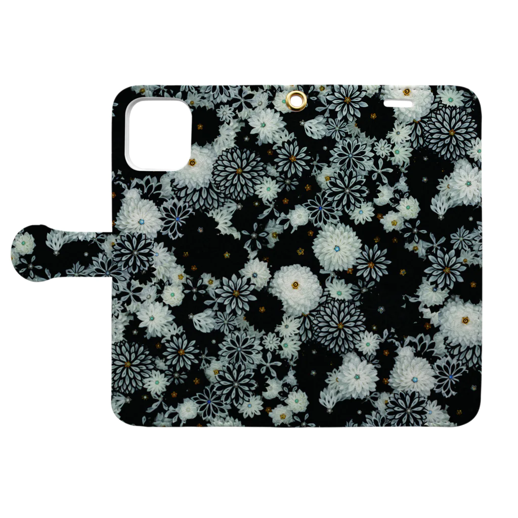 Japanese Fabric Flower coconの花群生紋様　月白×墨色 Book-Style Smartphone Case:Opened (outside)