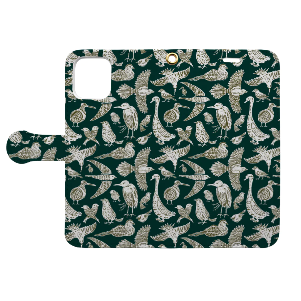 イジャクノ絨毯 ｜ IJAKUCARPETの鳥ちらし（グリーン） Book-Style Smartphone Case:Opened (outside)