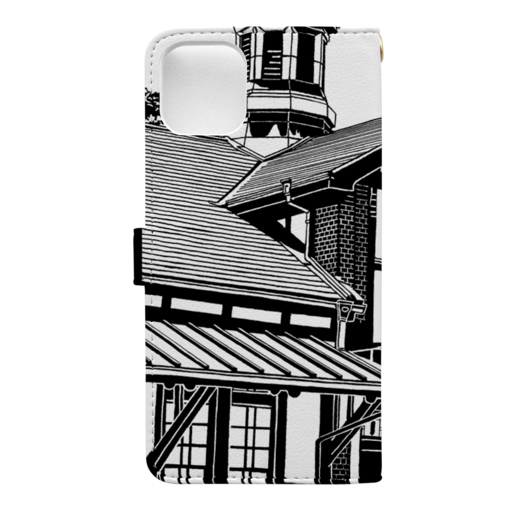 気ままに創作　よろず堂のありがとう原宿駅（切り絵風・枠付・筆文字） Book-Style Smartphone Case :back