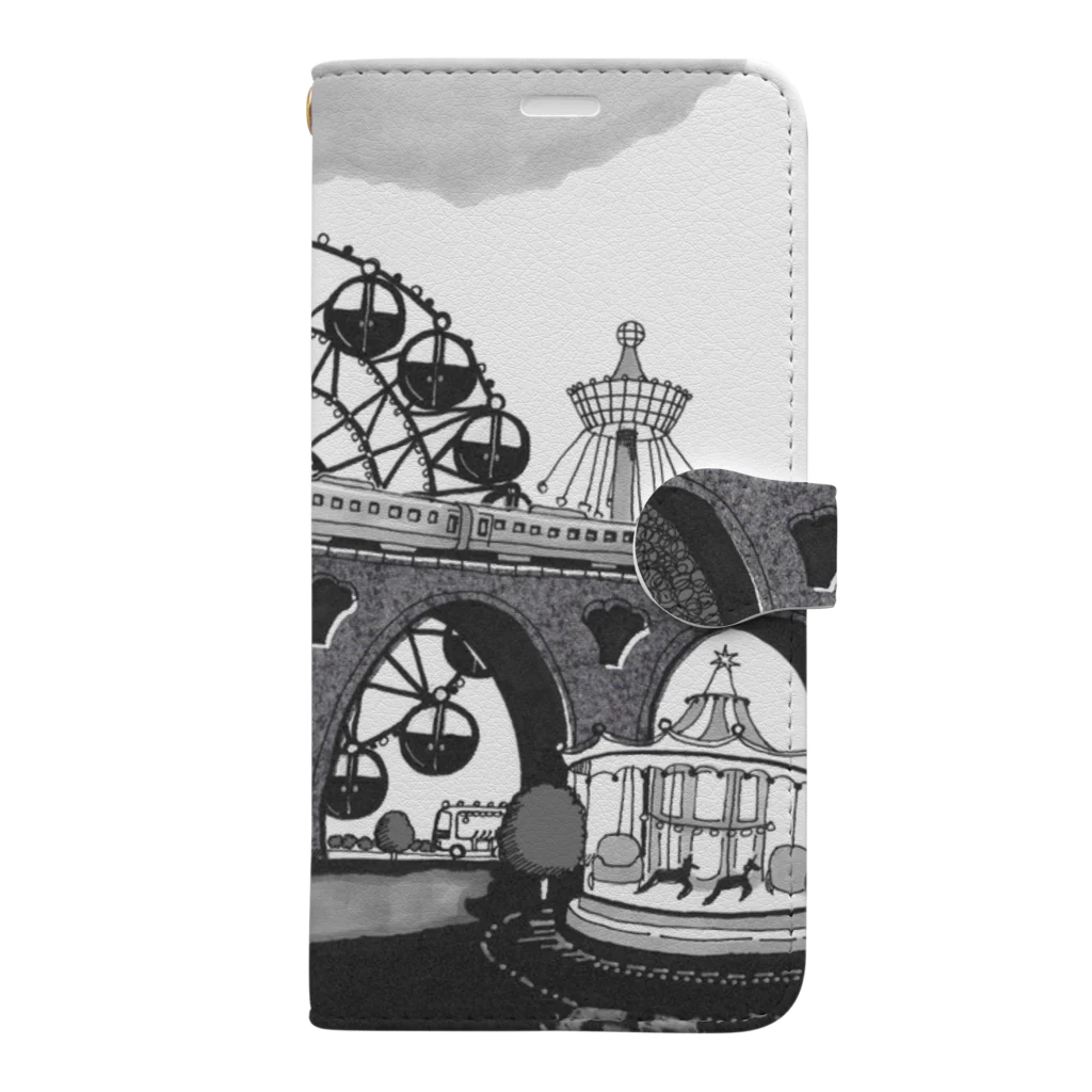 マキバドリの蒸気機関車と遊園地（モノクロ） Book-Style Smartphone Case