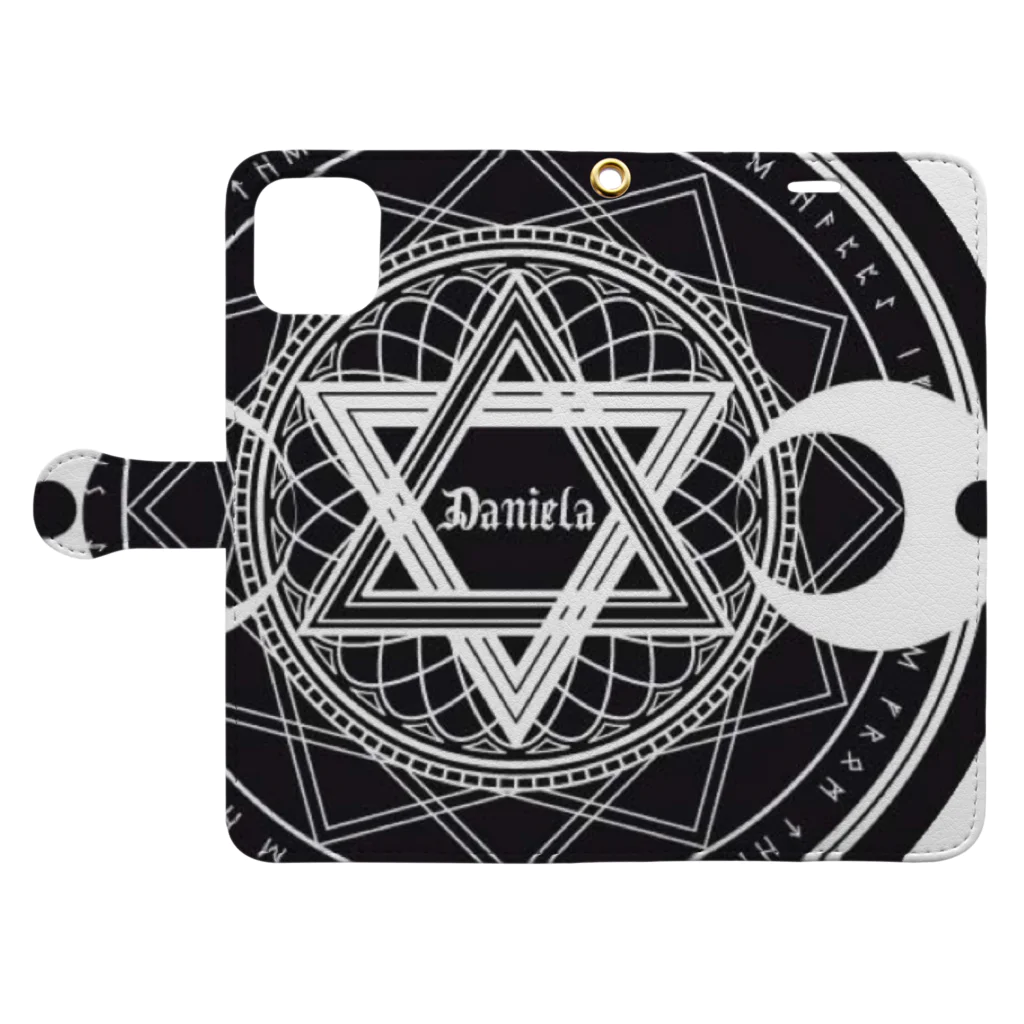 𝕯𝖆𝖓𝖎𝖊𝖑𝖆 ✡︎ 紅のDANIELA魔法陣ロゴ 手帳型スマホケースを開いた場合(外側)