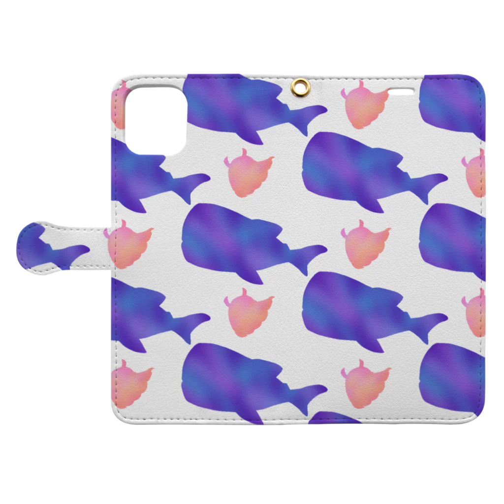 リリラレのハリスパ シルエット総柄🐠ホワイト Book-Style Smartphone Case:Opened (outside)