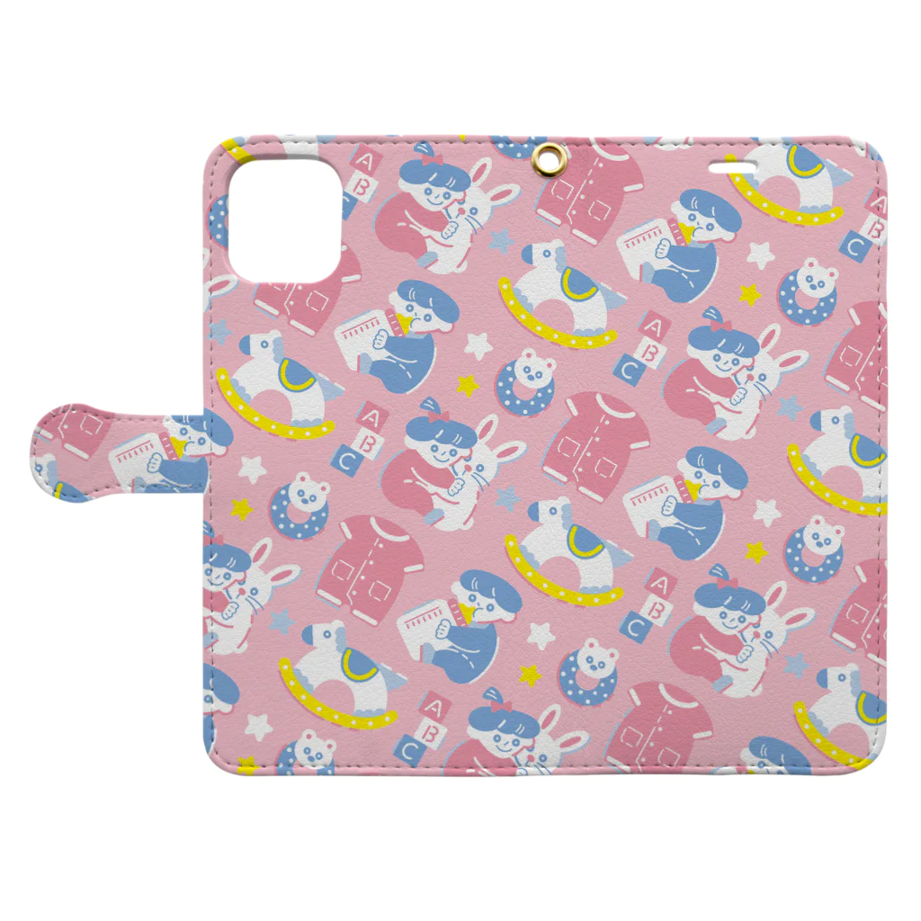 Textile for Babyの赤ちゃんのおもちゃ箱(ピンク) 手帳型スマホケースを開いた場合(外側)