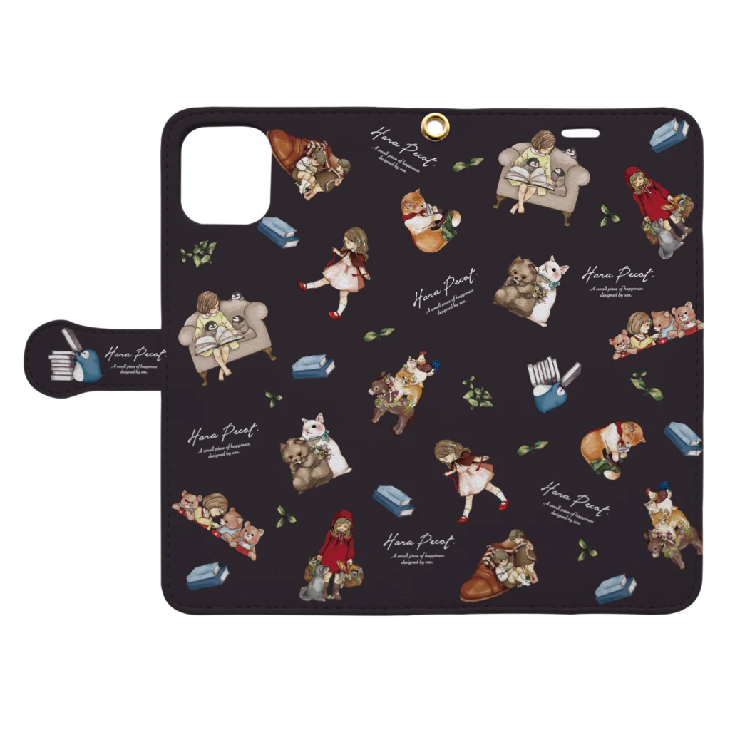 sae. のHara Pecotな童話 (チャコールブラック）iPhone X/XS/XR/XS Max/11/11 Pro/11Pro Max用配置 Book-Style Smartphone Case:Opened (outside)