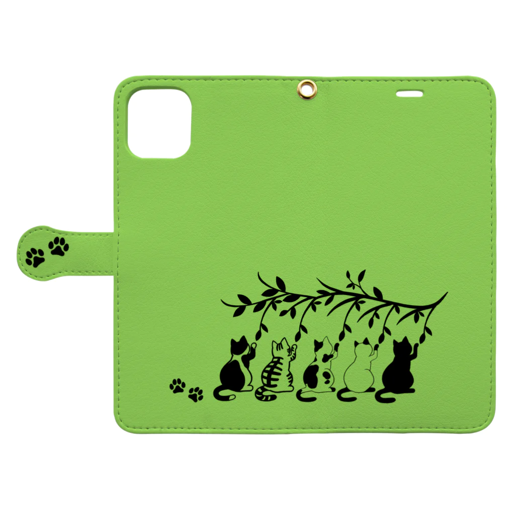 MegSan's free design🌷のシンクロにゃんこ green Book-Style Smartphone Case:Opened (outside)