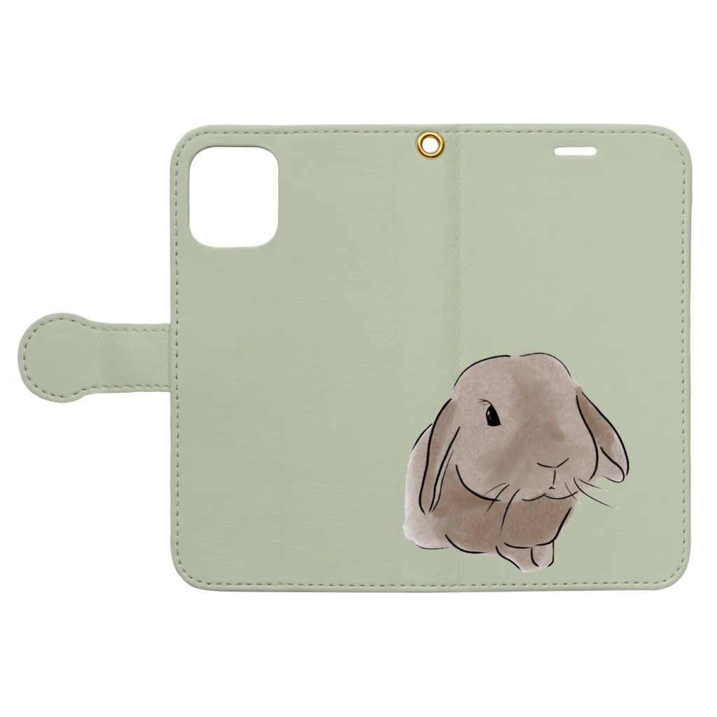 Usamaruのたれ耳うさぎのオリー💛　(くすみ緑) Book-Style Smartphone Case:Opened (outside)