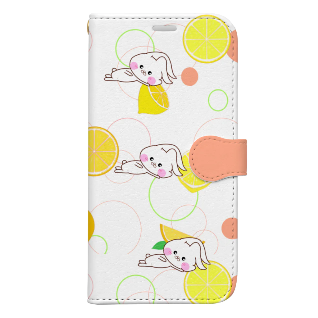 HappyLife☆channelのうさころと柑橘フルーツ柄/iPhone12 Pro MAXサイズ 手帳型スマホケース