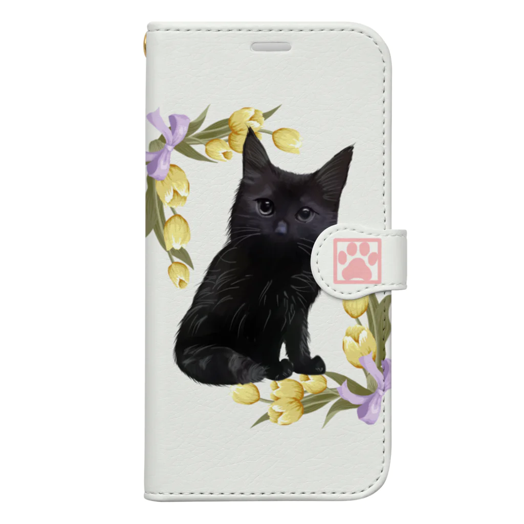 小鳥と映画館の子猫 黒猫 チューリップ添え 肉球入り Book-Style Smartphone Case