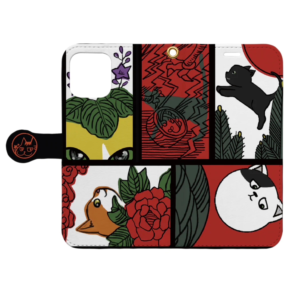 ファーブル家の猫の花札柄　ネコハンコ帯 Book-Style Smartphone Case:Opened (outside)