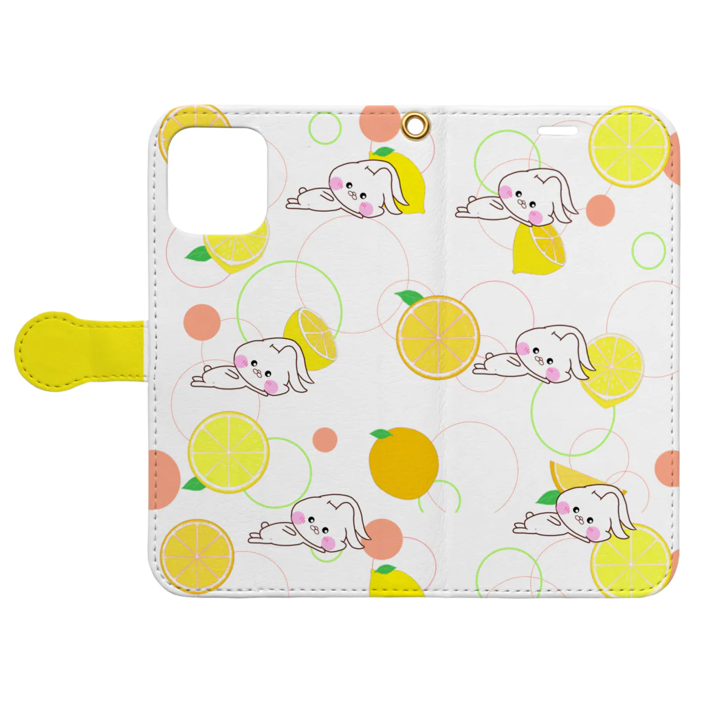 HappyLife☆channelのうさころと柑橘フルーツ柄/iPhone12 Pro MAXサイズ Book-Style Smartphone Case:Opened (outside)