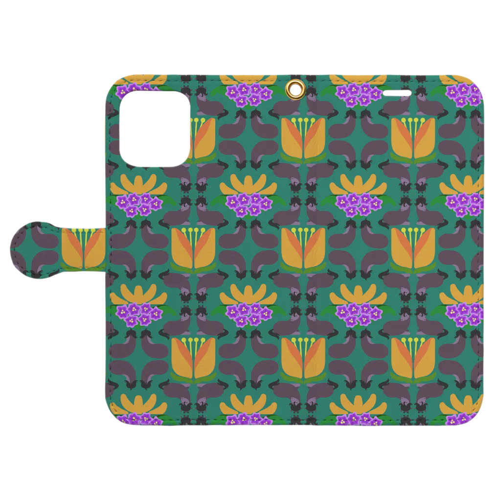 mint julepのウマとネコとナスとハナ（緑） Book-Style Smartphone Case:Opened (outside)