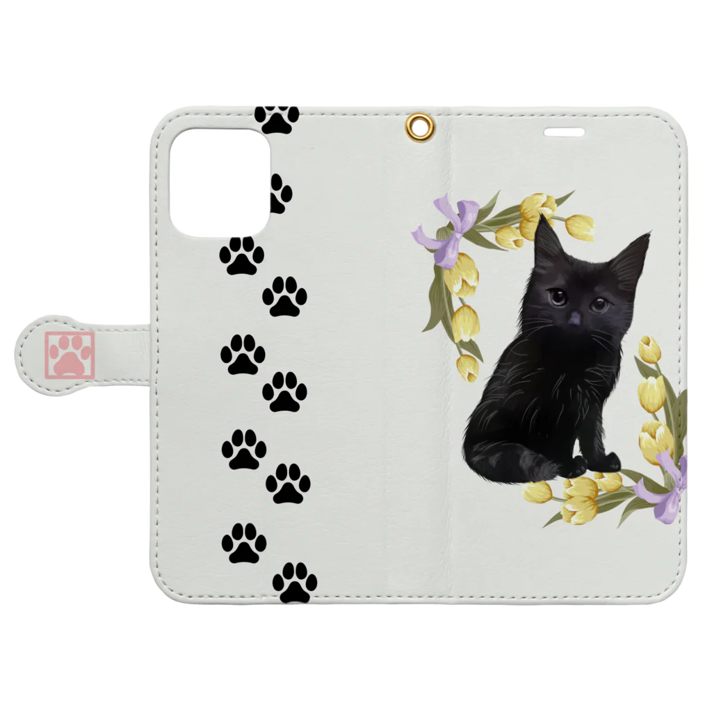 小鳥と映画館の子猫 黒猫 チューリップ添え 肉球入り Book-Style Smartphone Case:Opened (outside)